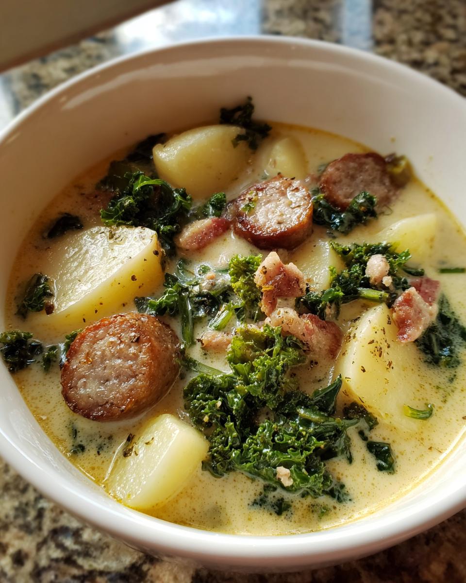 A close-up of a bowl of Zuppa Toscana soup, filled with potatoes, sausage slices, kale, and creamy broth.