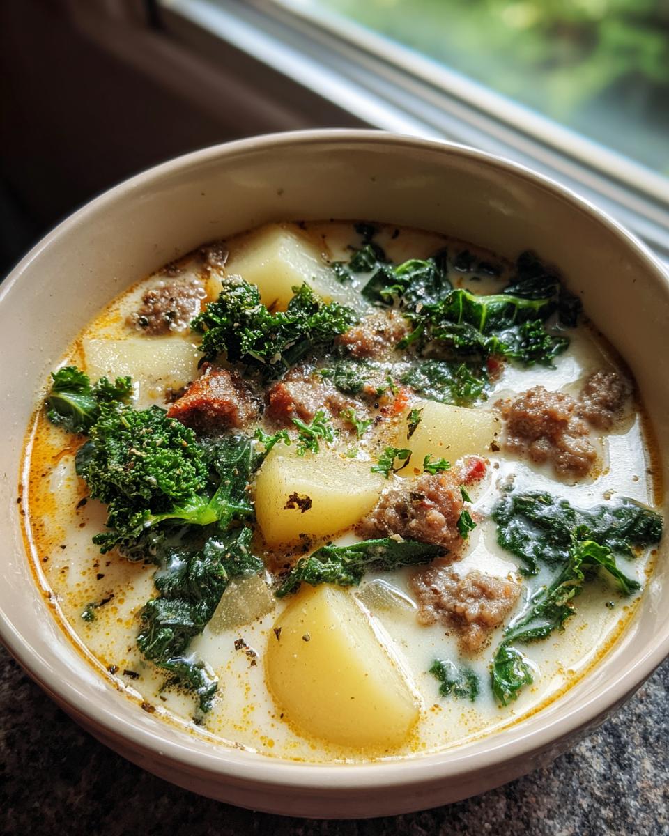 A close-up of a bowl of Zuppa Toscana soup featuring chunks of potato, crumbled sausage, and wilted kale in a creamy broth.