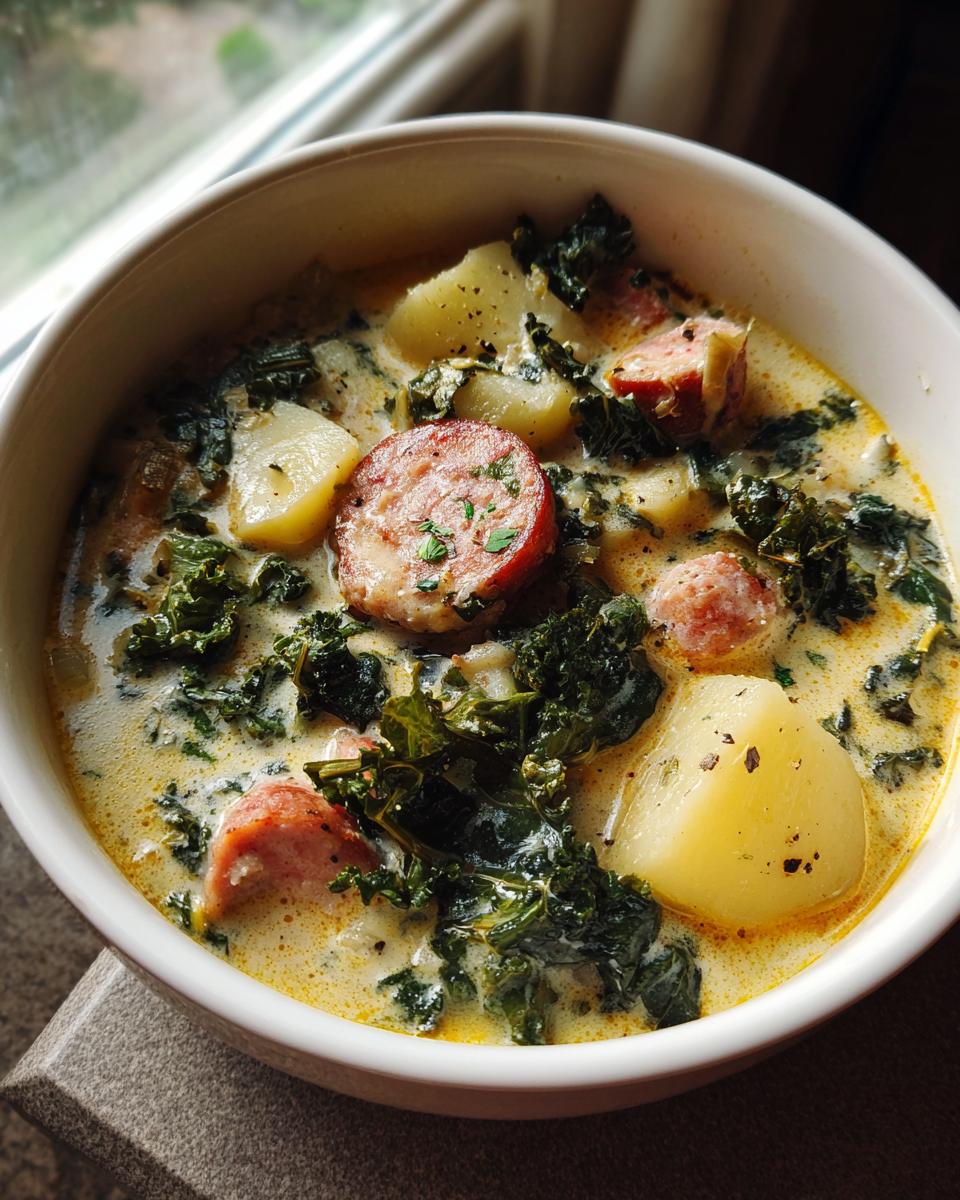A close-up of a bowl of Zuppa Toscana soup, featuring sausage, potatoes, and kale in a creamy broth.