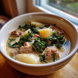 A close-up of a bowl of Zuppa Toscana soup, featuring sausage, potatoes, and kale in a creamy broth.