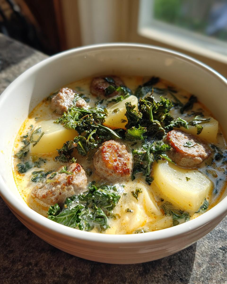 A close-up of a bowl of Zuppa Toscana soup, featuring sausage, potatoes, and kale in a creamy broth.