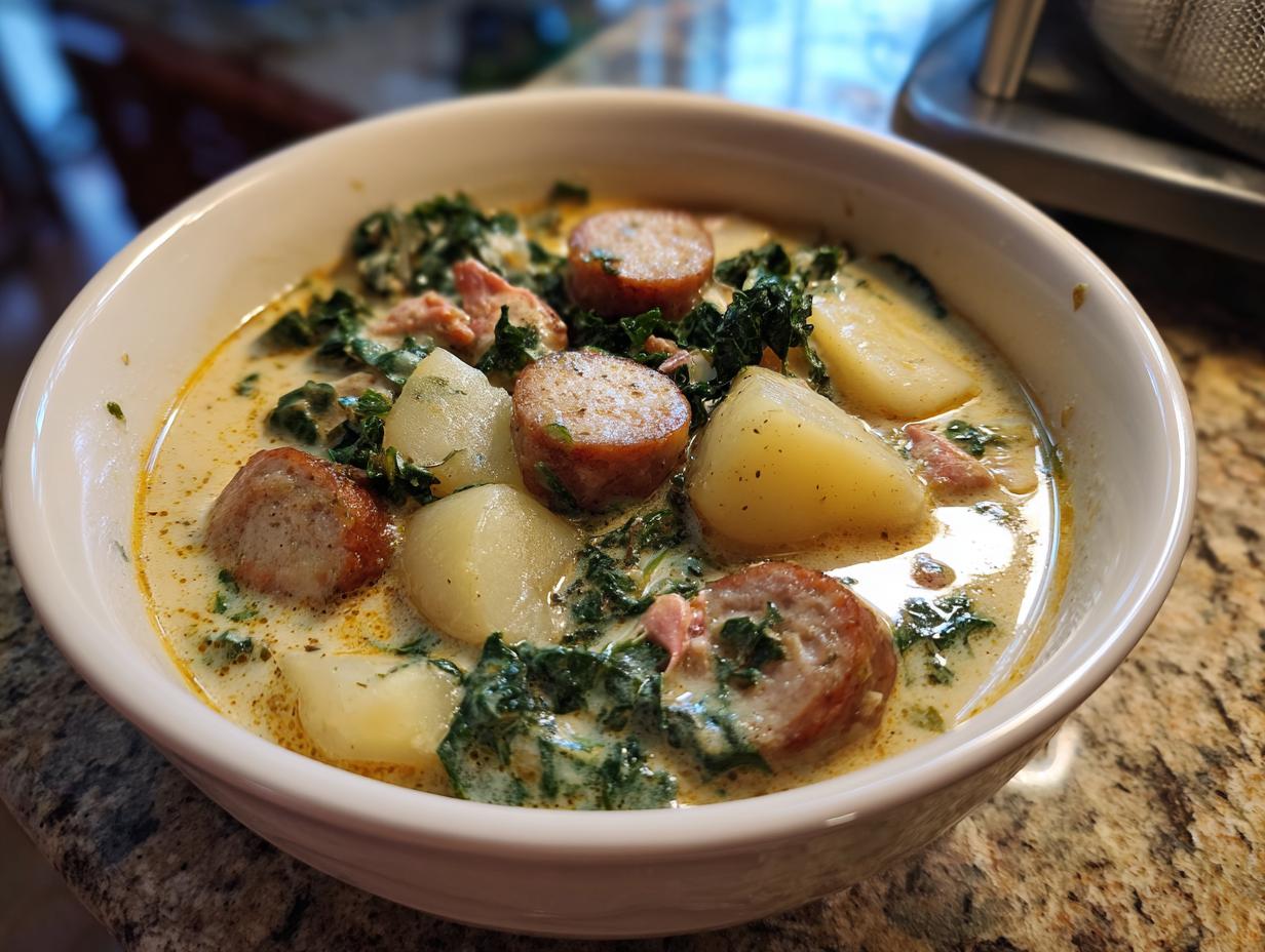 A close-up of a bowl of Zuppa Toscana soup, featuring chunks of potato, sausage slices, and kale in a creamy broth.