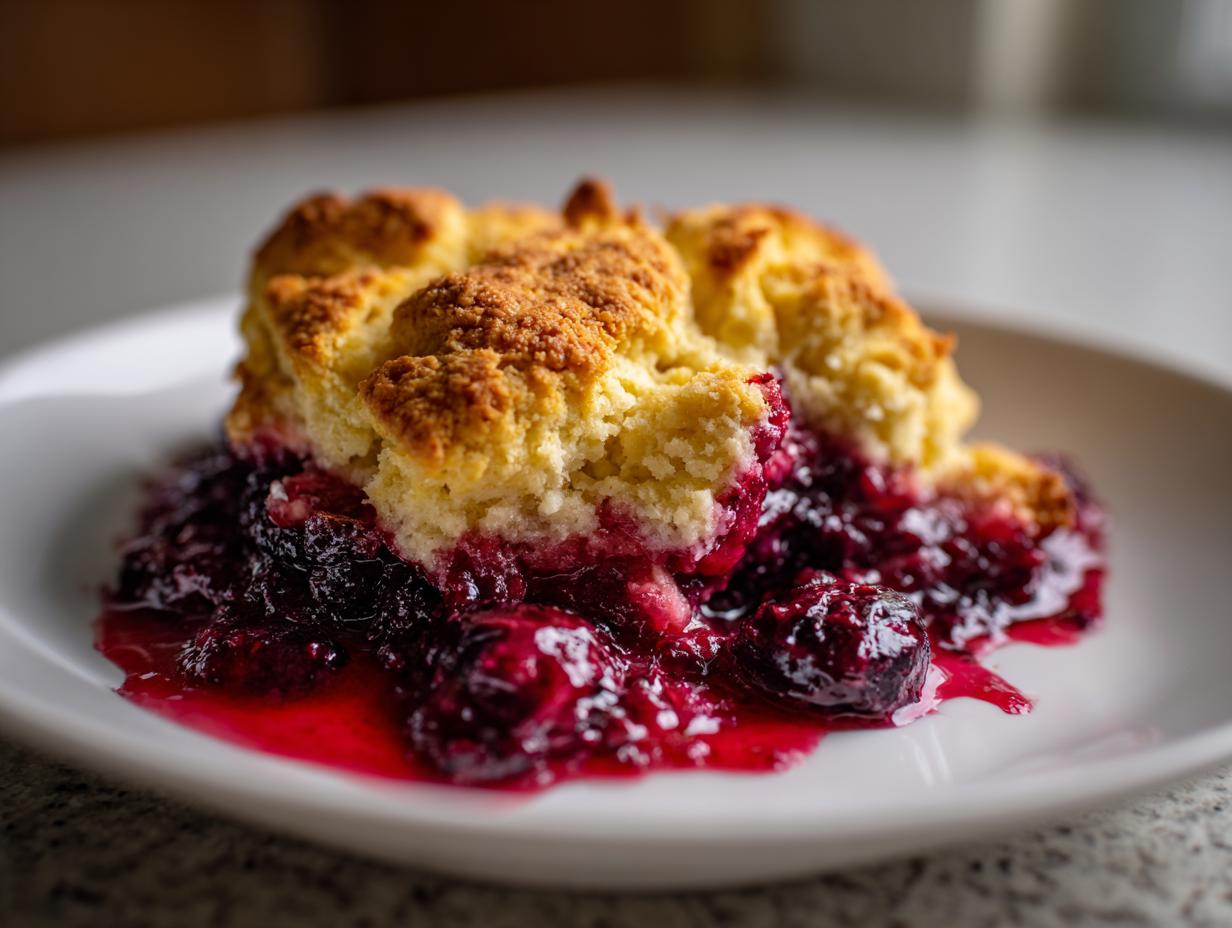 Close-up of a warm serving of berry cobbler with golden topping over juicy, dark berries on a white plate.