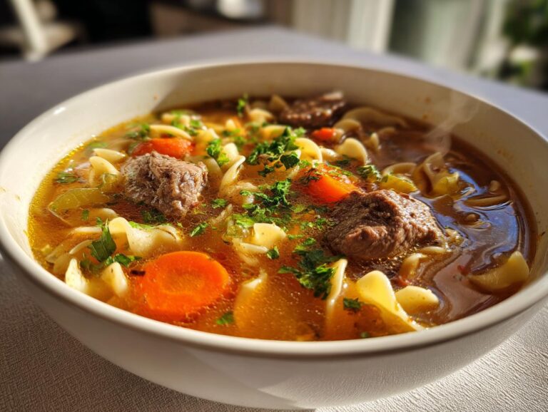 Close-up of a steaming bowl of rich beef noodle soup with chunks of beef, carrots, and egg noodles.