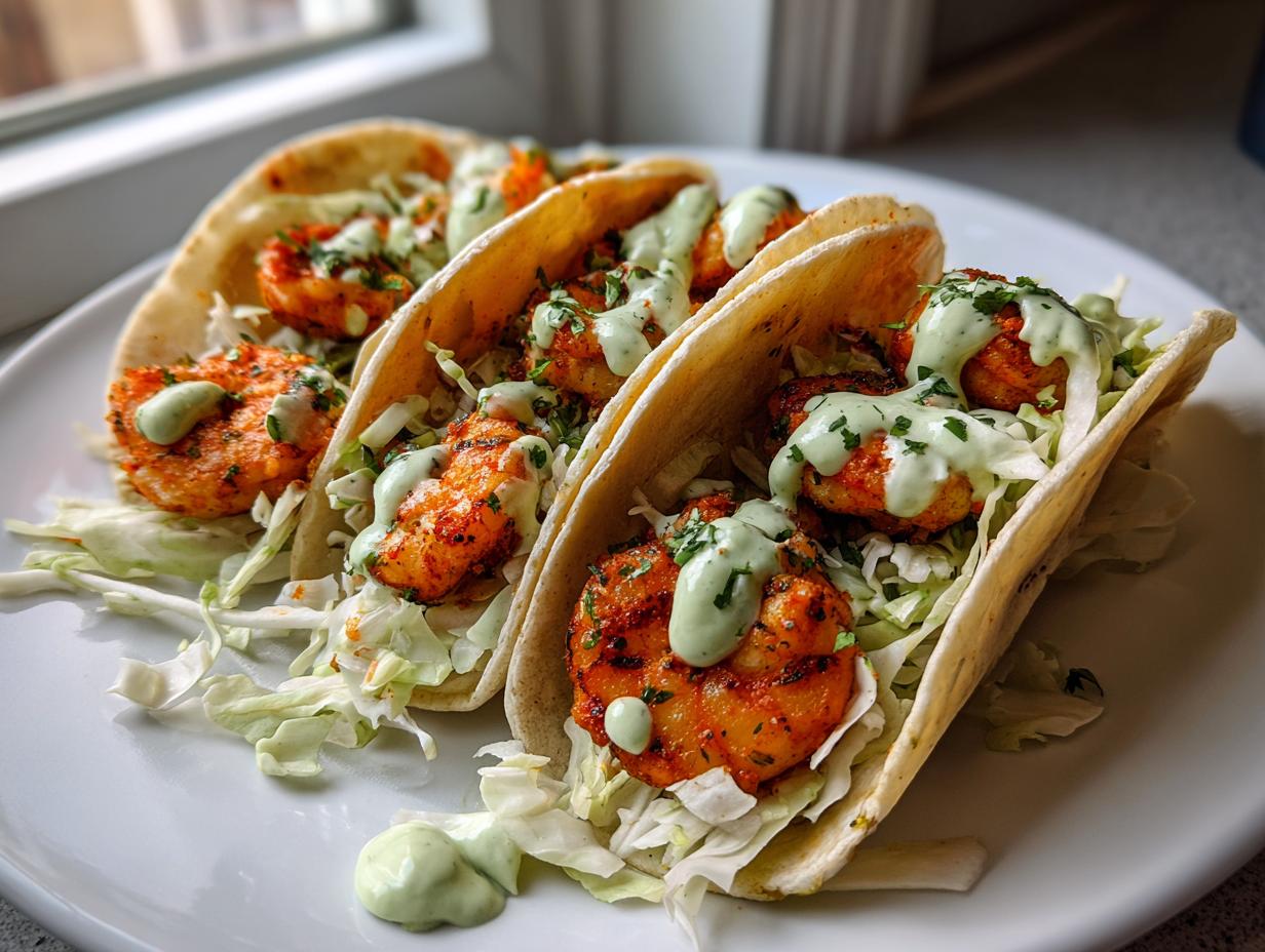Three fully loaded shrimp taco shells filled with seasoned shrimp, shredded cabbage, and drizzled with creamy green sauce.