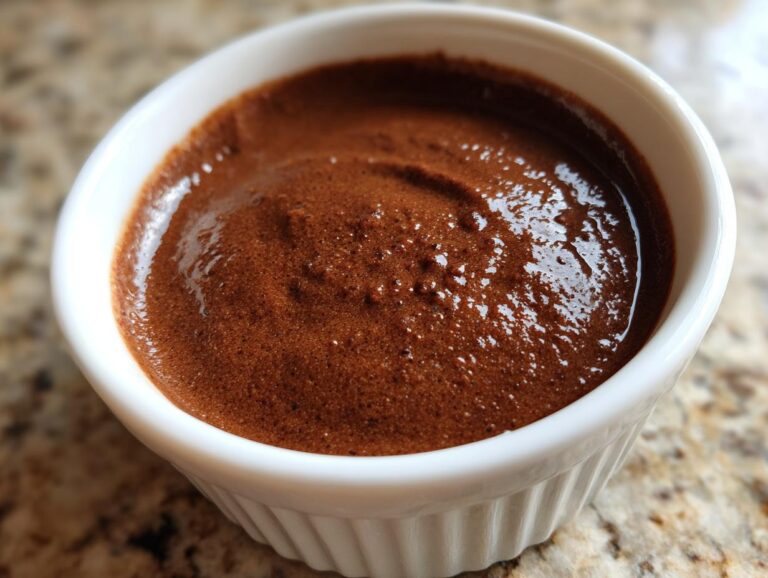 Close-up of rich, dark brown chocolate pudding served in a small white fluted ramekin.
