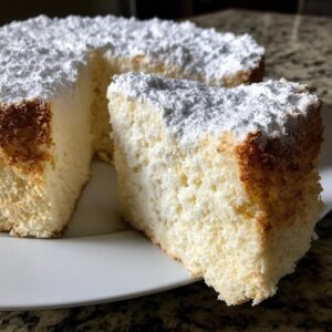 Close-up of a slice of incredibly light and airy angel food cake dusted generously with powdered sugar.