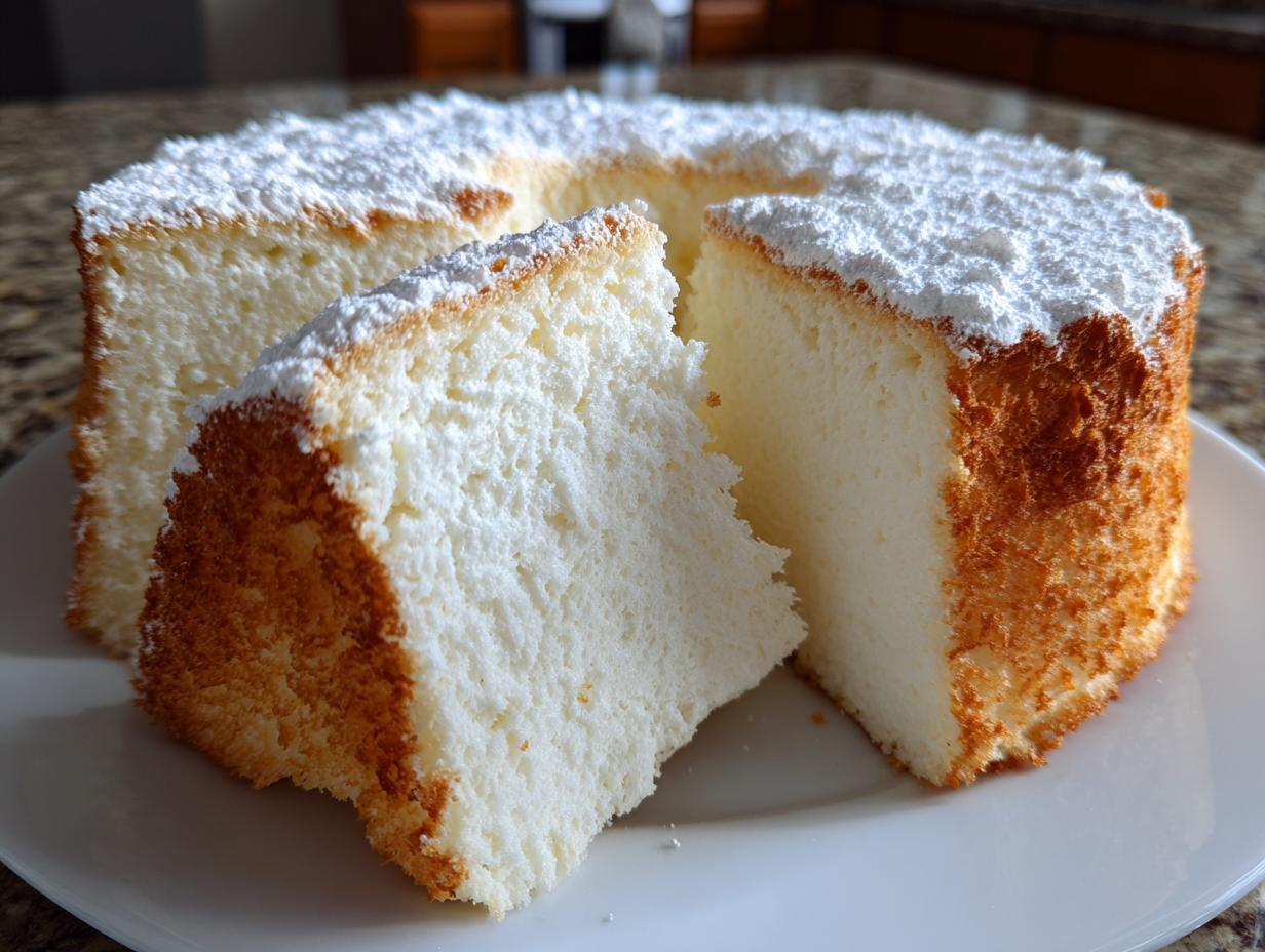 A tall slice of incredibly light and fluffy angel food cake dusted with powdered sugar on a white plate.