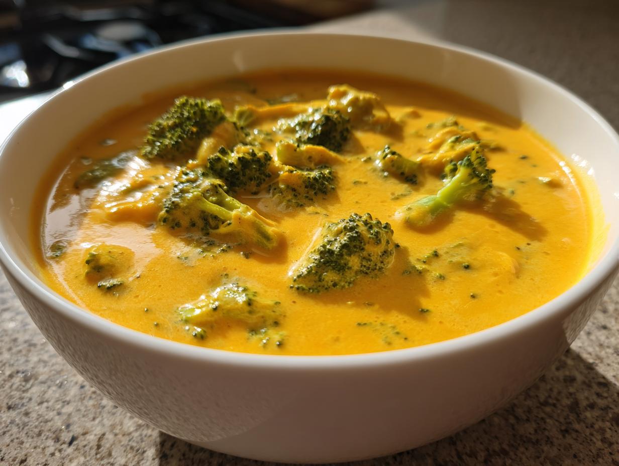 Close-up of a white bowl filled with bright orange broccoli cheddar soup featuring visible florets of green broccoli.