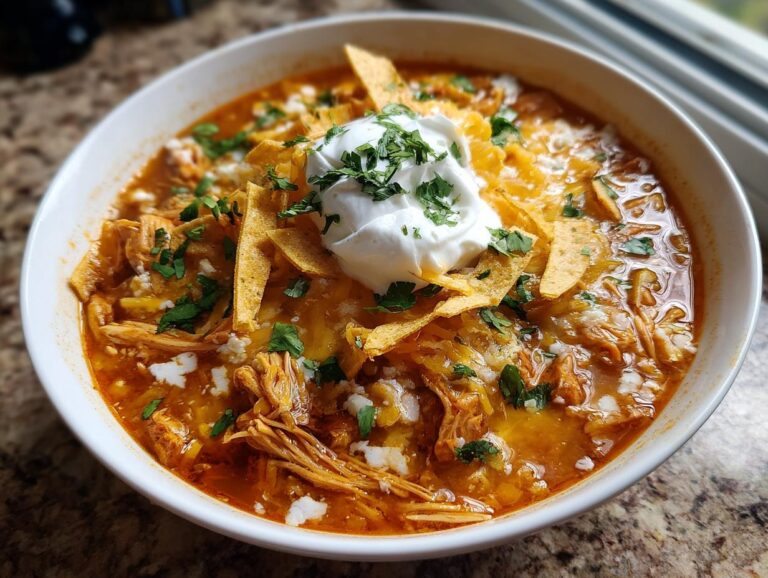 A close-up of a white bowl filled with rich, orange broth chicken tortilla soup, topped with sour cream, cheese, and tortilla strips.