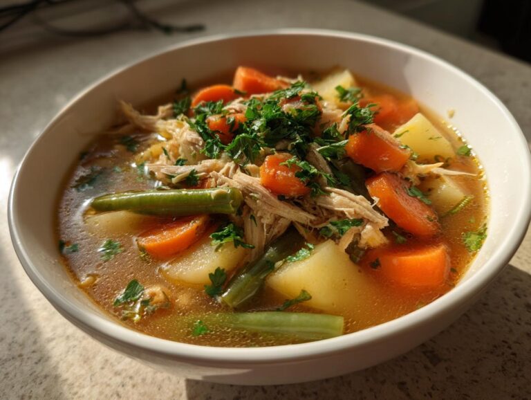 Close-up of a bowl of amazing chicken vegetable soup with shredded chicken, carrots, potatoes, and green beans, topped with parsley.