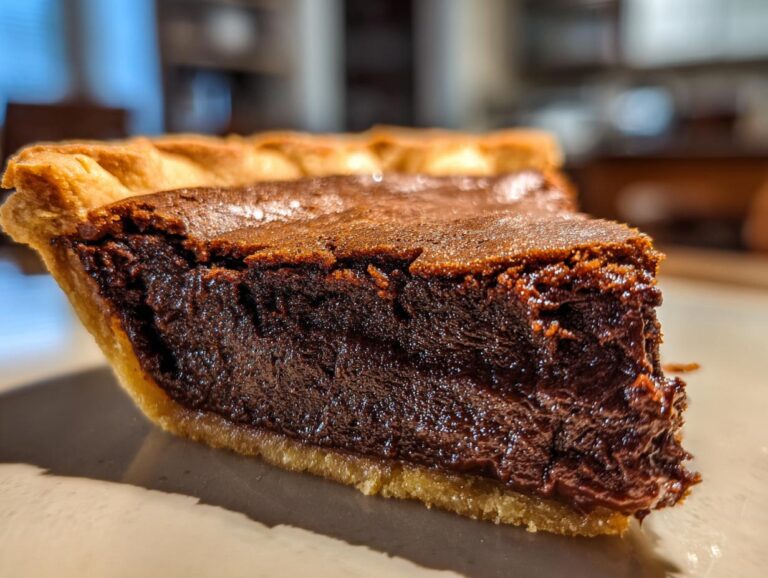 Close-up of a rich, dark slice of fudge pie showing the dense, glossy chocolate filling and flaky crust.