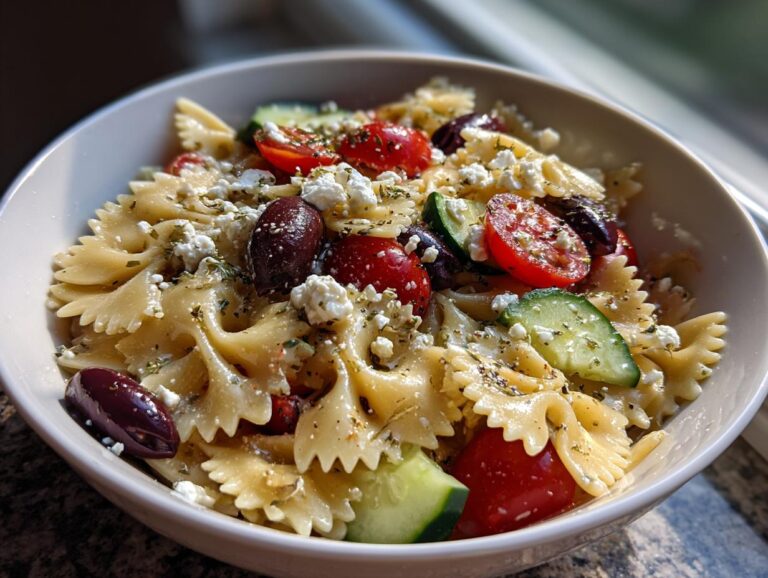 Close-up of a bowl of amazing greek pasta salad featuring farfalle pasta, cherry tomatoes, cucumbers, olives, and feta cheese.