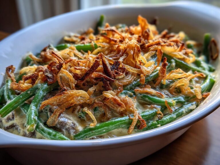 A close-up view of a creamy green bean casserole topped generously with crispy fried onions.