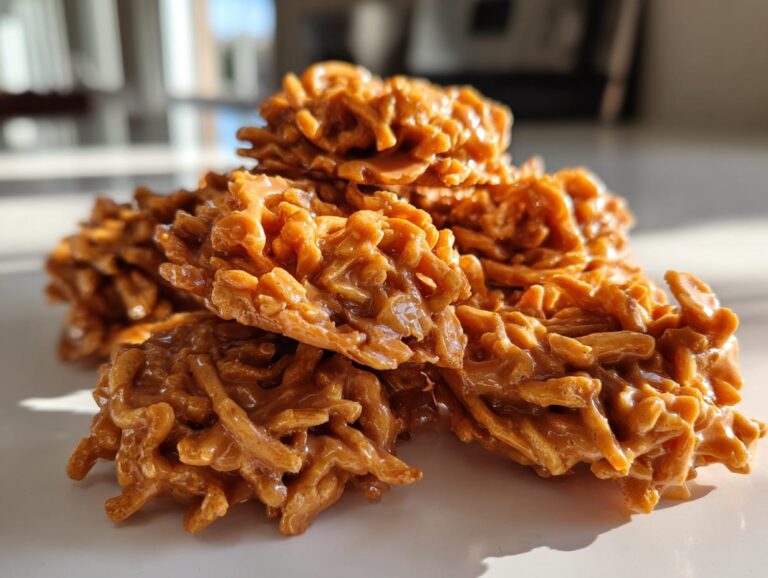 A close-up stack of golden brown, glossy haystack cookies made with chow mein noodles or similar ingredients.