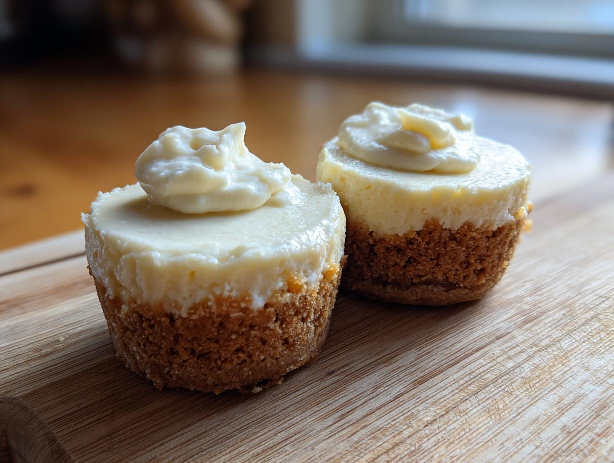 Two delicious mini cheesecake desserts with graham cracker crusts and a dollop of cream on top.