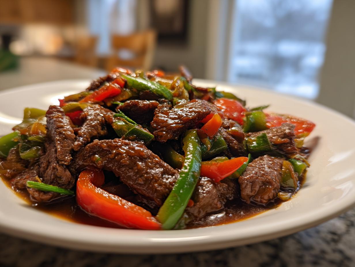 Close-up of glossy, saucy pepper steak strips mixed with vibrant red and green bell peppers.