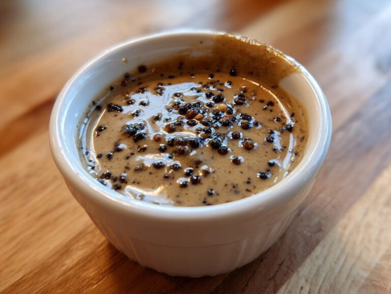 Close-up of creamy peppercorn sauce generously topped with whole black peppercorns in a small white dish.