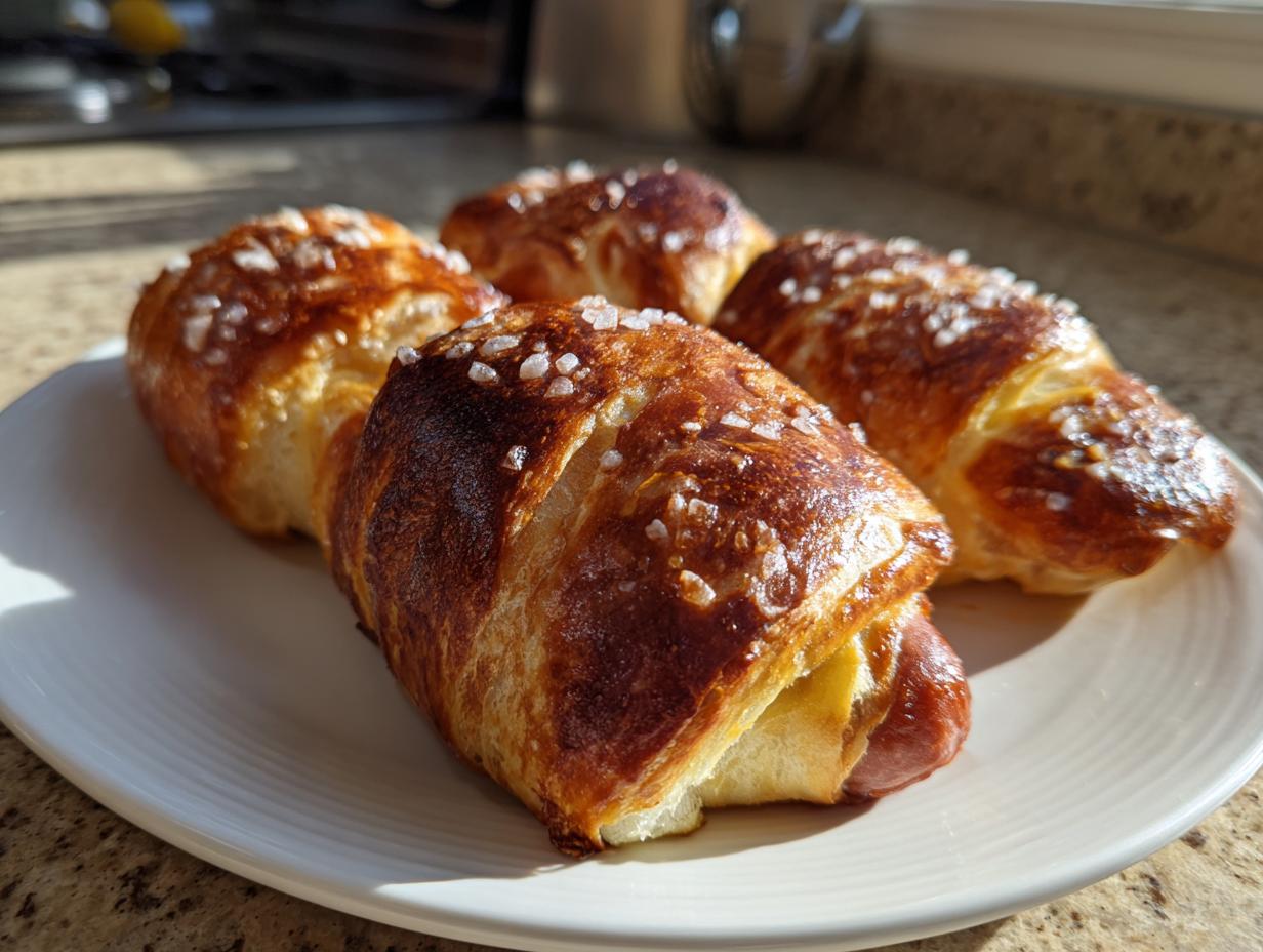 Four freshly baked pretzel dogs with a dark, glossy crust and coarse salt topping sitting on a white plate.