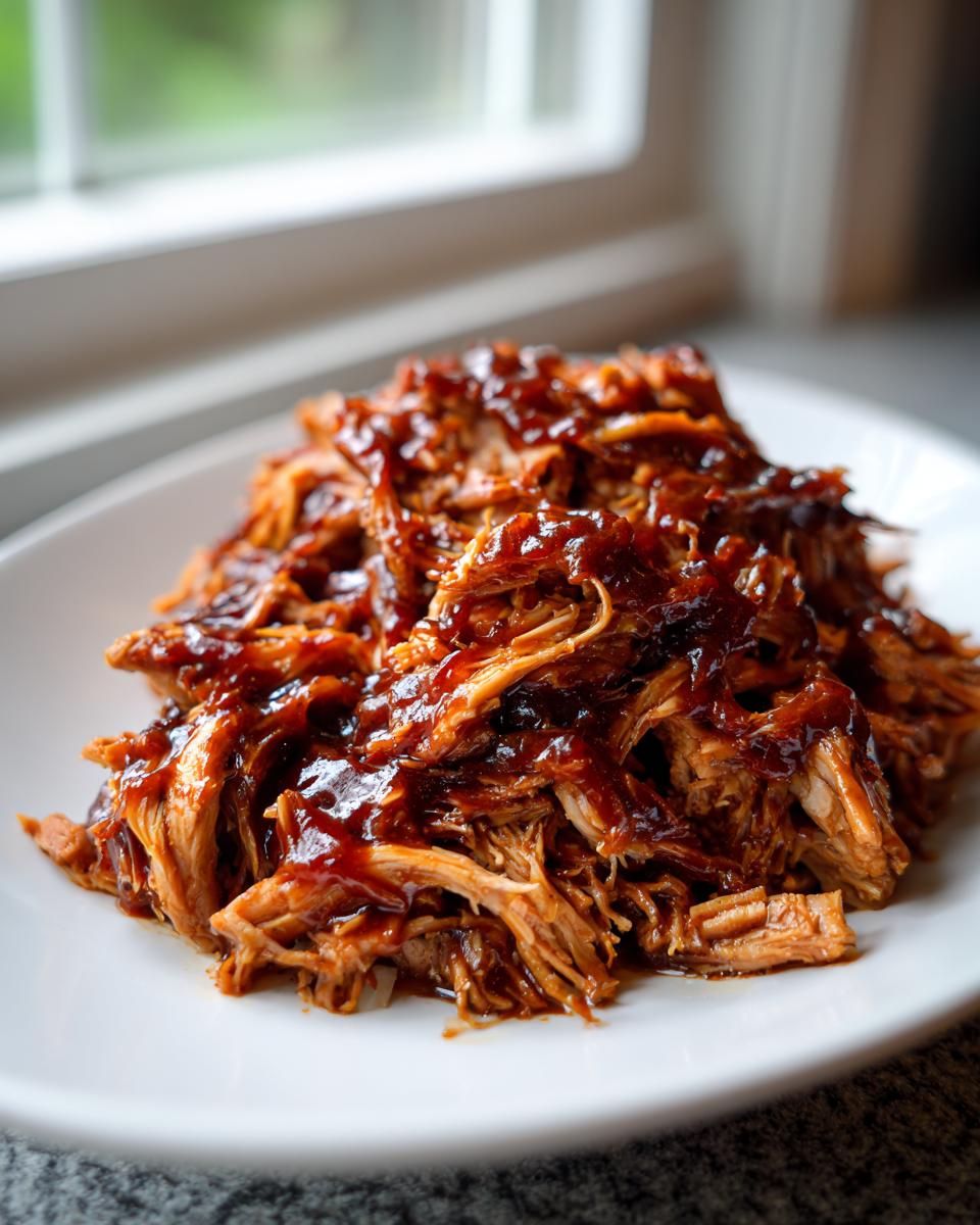 A close-up of saucy, shredded pulled chicken piled high on a white plate, ready to serve.