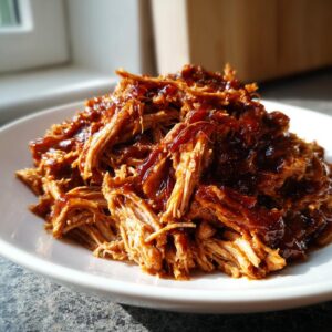 A close-up of shredded pulled chicken generously coated in rich, dark BBQ sauce served on a white plate.
