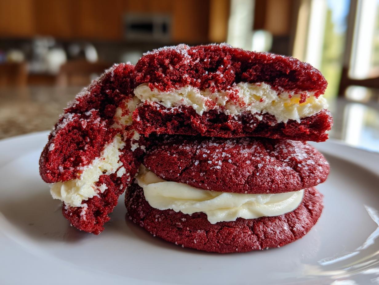 Two red velvet cookies sandwiched with cream cheese frosting, one cookie broken open to show the soft interior.