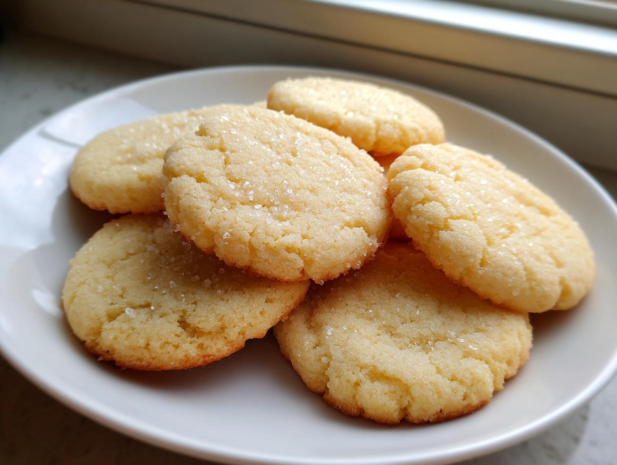 A stack of freshly baked, light golden sugar cookie rounds sprinkled with coarse sugar on a white plate.