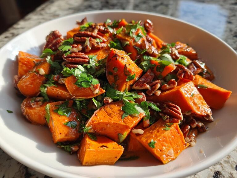 Close-up of vibrant orange chunks in a sweet potato salad, topped with toasted pecans and fresh parsley.