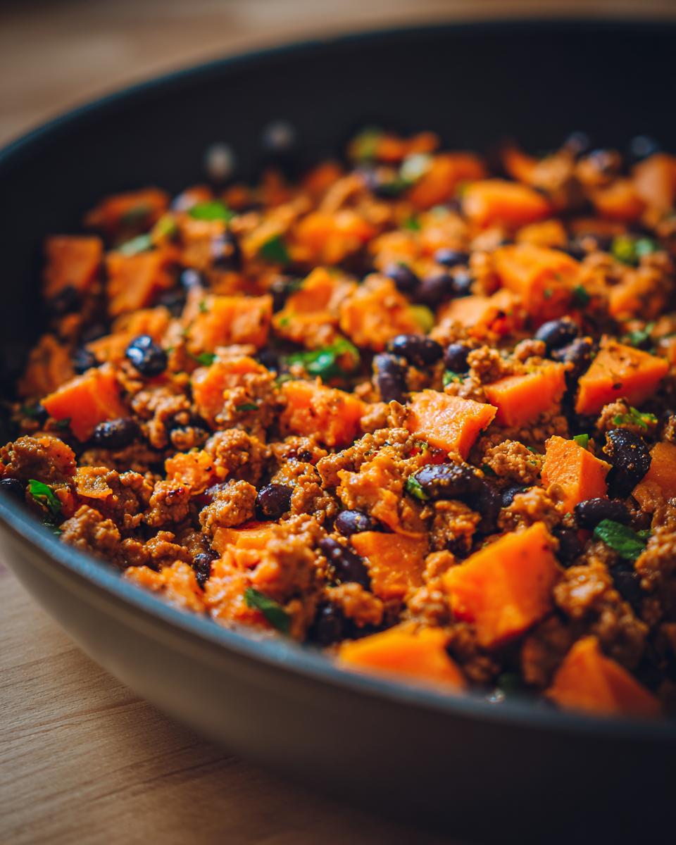 Close-up of a savory sweet potato skillet featuring ground meat, black beans, and diced sweet potatoes.