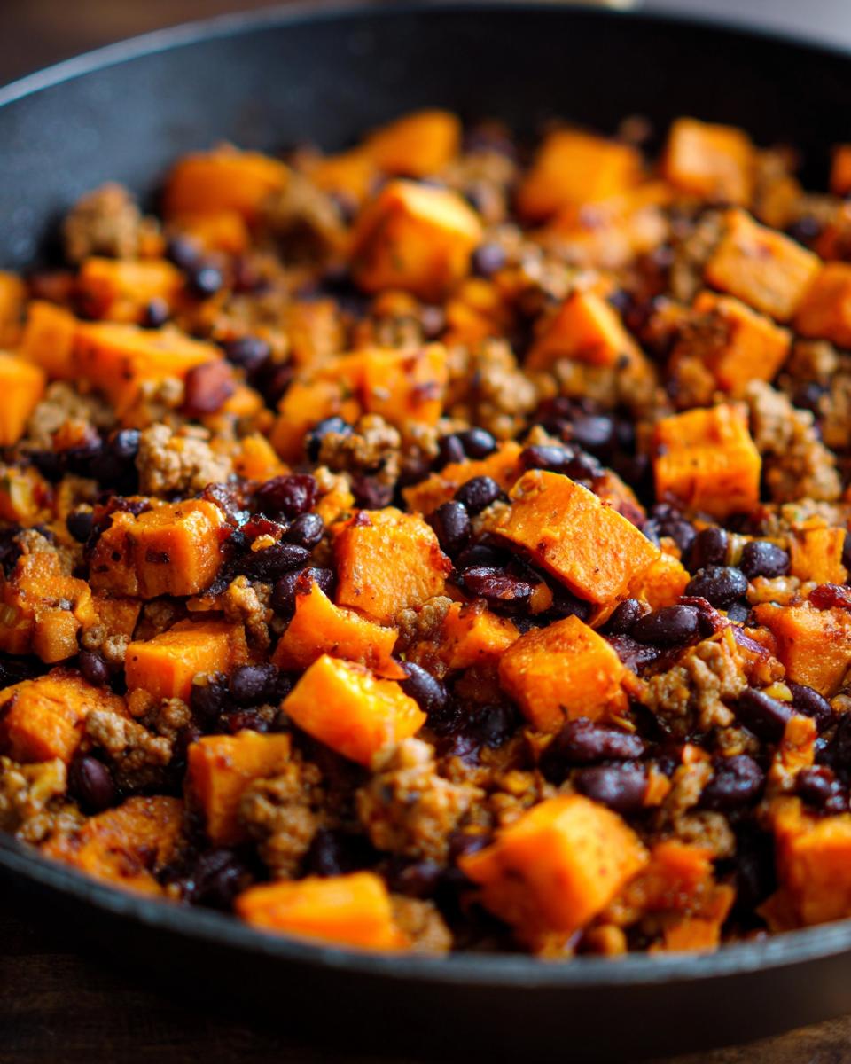 Close-up of a savory sweet potato skillet mixed with ground meat and black beans.