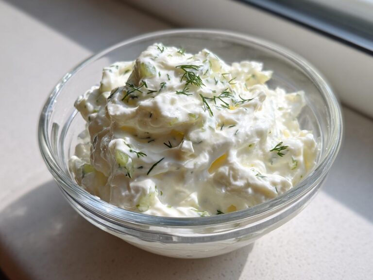 Close-up of creamy homemade tartar sauce with visible pickle relish and fresh dill in a clear glass bowl.