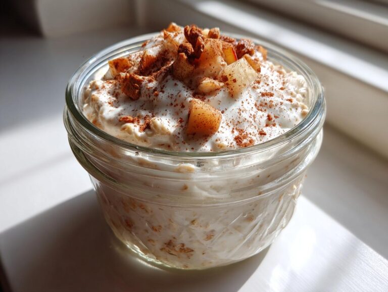 Close-up of creamy apple cinnamon overnight oats topped with diced apples and cinnamon in a glass jar.
