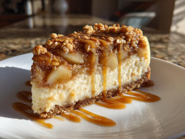 A decadent slice of apple pie cheesecake topped with spiced apples, crumble, and caramel sauce.