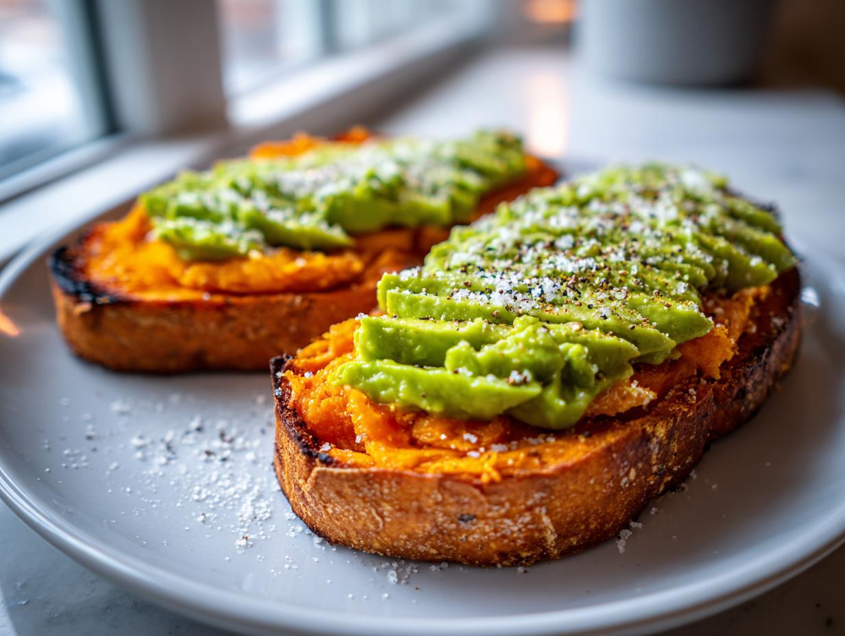 Two slices of sweet potato toast topped with mashed sweet potato, sliced avocado, salt, and pepper.