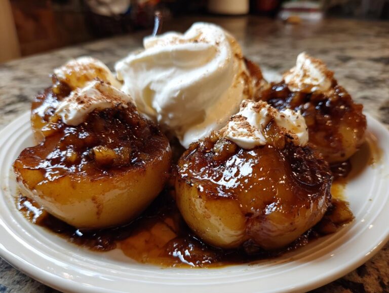 Close-up of four glistening, caramelized baked pears topped with whipped cream and cinnamon.