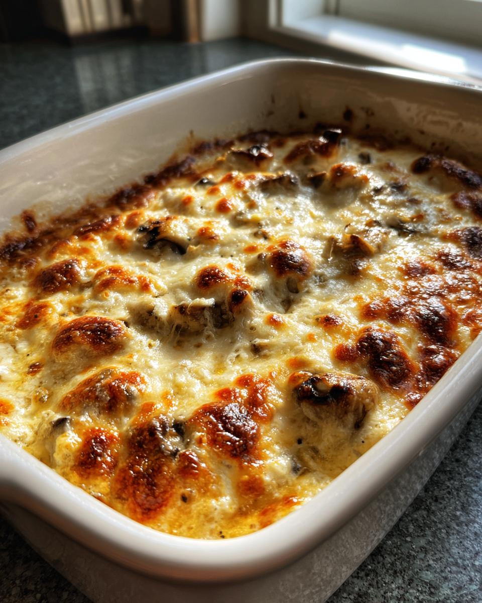 Close-up of a baked stuffed mushroom dip in a white casserole dish, featuring a bubbly, golden-brown melted cheese crust.