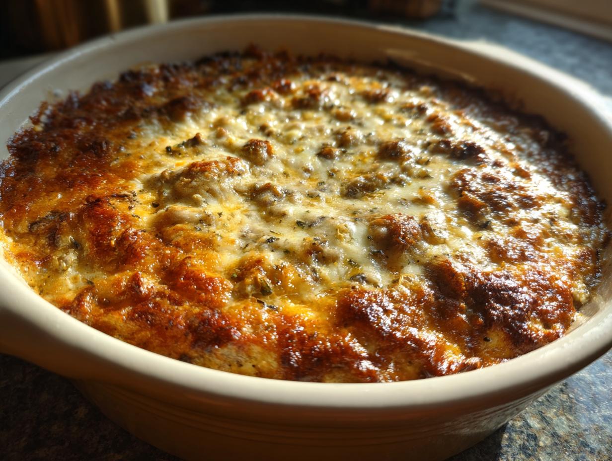 Close-up of hot, baked stuffed mushroom dip bubbling in a round ceramic dish with a browned, cheesy top.