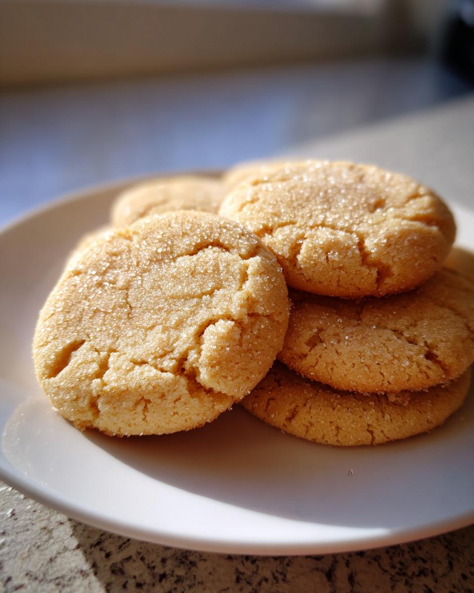 A stack of freshly baked, golden brown sugar cookie rounds coated in sparkling sugar crystals.