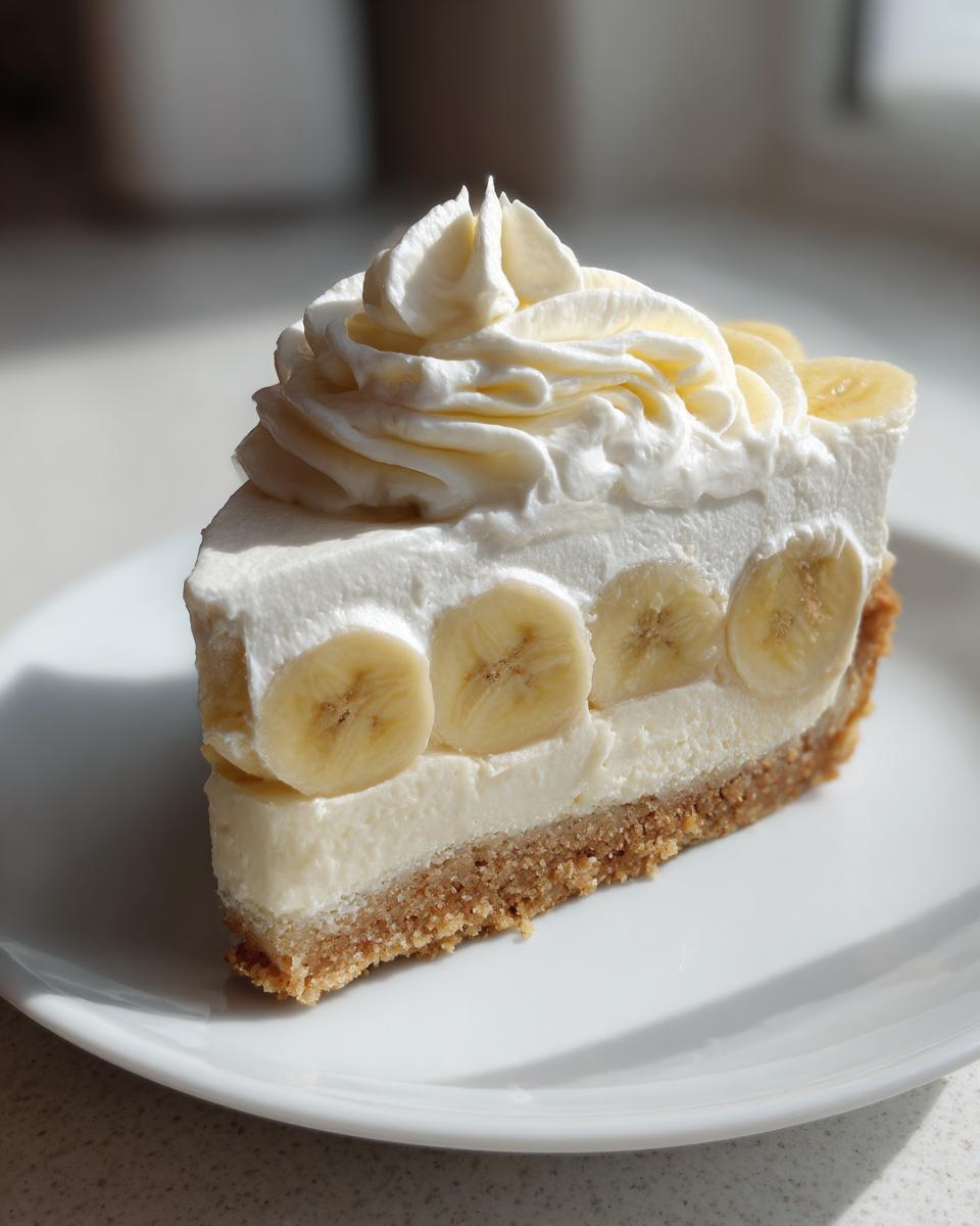 A beautiful slice of banana cream cheesecake with layers of crust, cream filling, banana slices, and whipped topping.