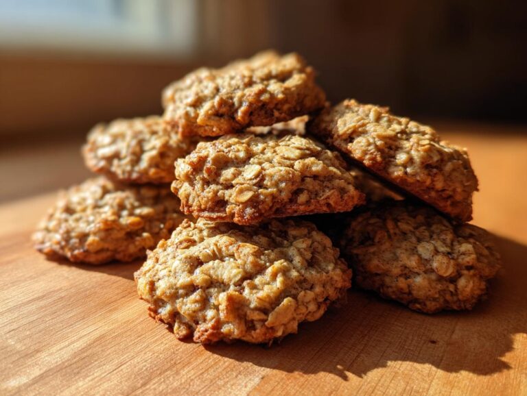 A close-up stack of freshly baked, textured banana oatmeal cookies resting on a wooden cutting board.