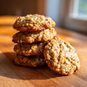 A stack of four golden brown banana oatmeal cookies with one leaning against the side on a wooden surface.
