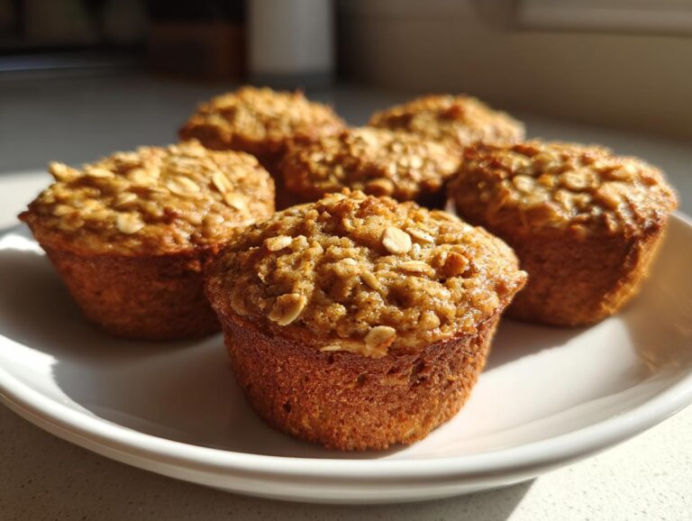 Five freshly baked banana oatmeal muffins with visible oat topping, arranged on a white dish.
