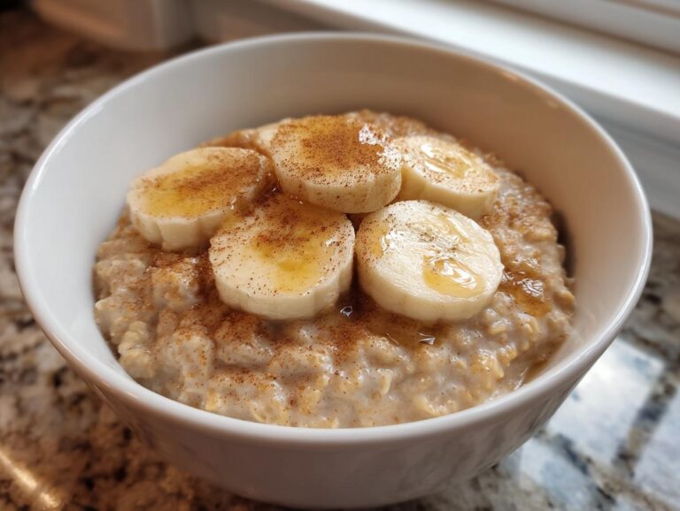 A close-up of a white bowl filled with creamy banana oatmeal, topped with sliced bananas, honey drizzle, and cinnamon.