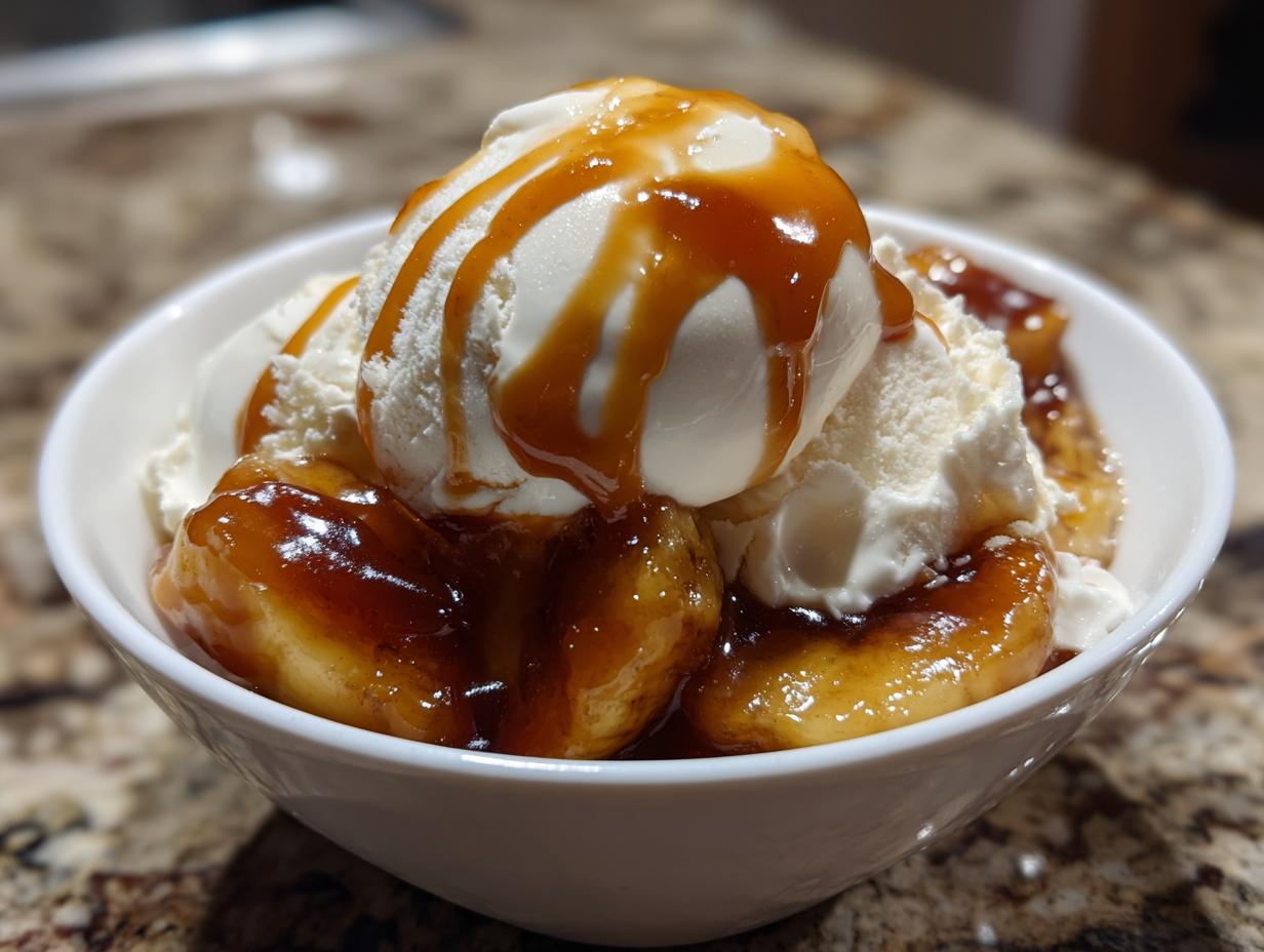 A white bowl filled with warm bananas foster topped with scoops of vanilla ice cream and caramel sauce.