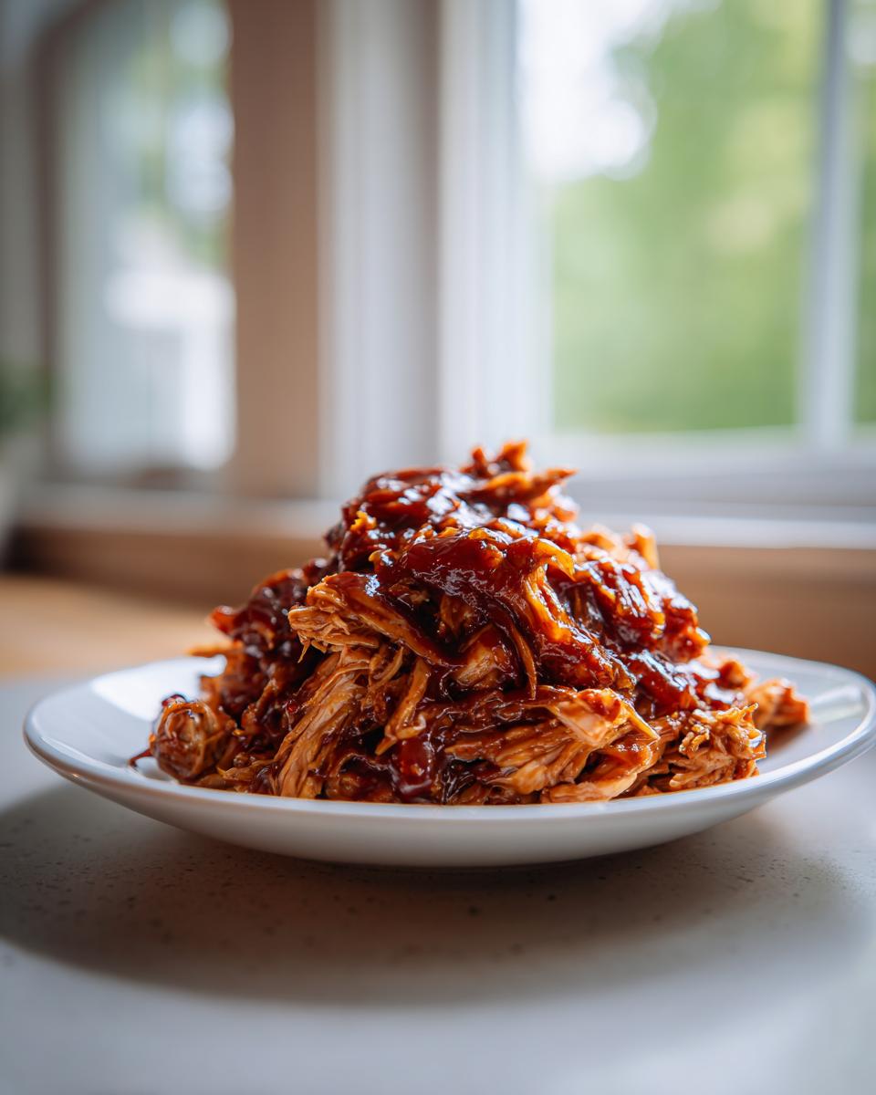 A mound of saucy, shredded pulled chicken piled high on a small white plate, ready to serve.