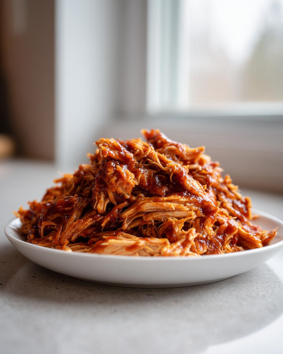 A close-up of a generous mound of saucy, shredded pulled chicken served on a white plate.