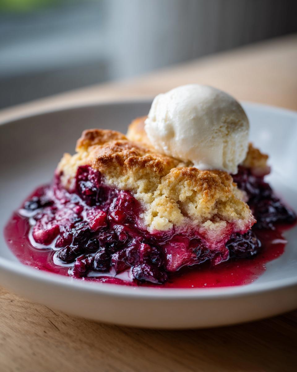 A warm slice of homemade berry cobbler topped with a scoop of melting vanilla ice cream.
