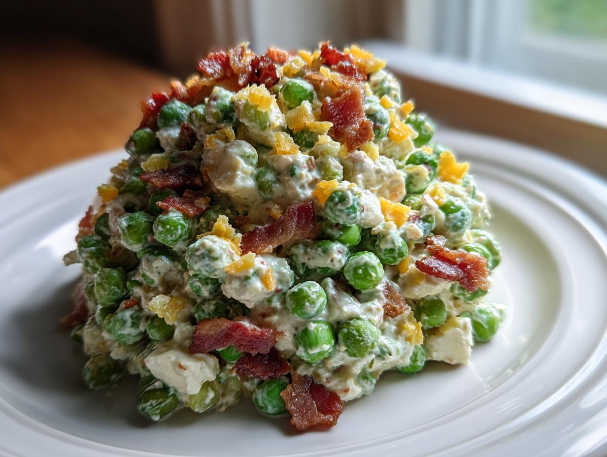 A mound of creamy pea salad mixed with bacon bits and cheese, served on a white plate.