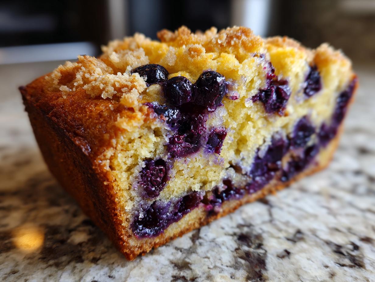 Close-up of a moist slice of blueberry banana bread featuring visible blueberries and a crumbly streusel topping.