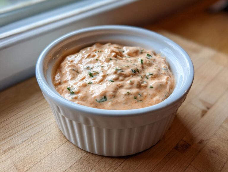 Close-up of a vibrant, orange-hued remoulade sauce speckled with green herbs, served in a white fluted ramekin.